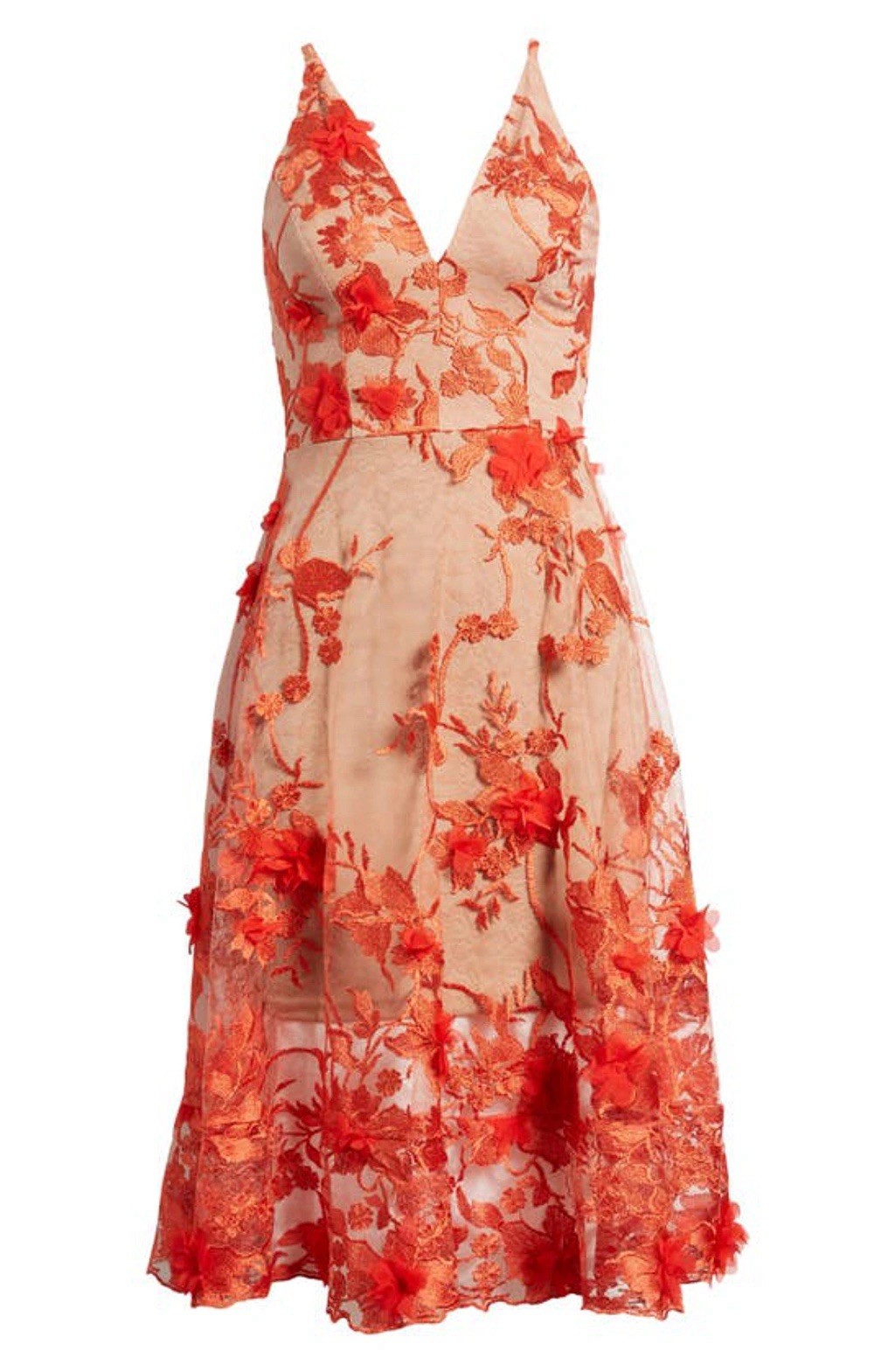 Dress the Population Audrey Red/Beige Floral Embroidered V-Neck Midi Dress S NWT
