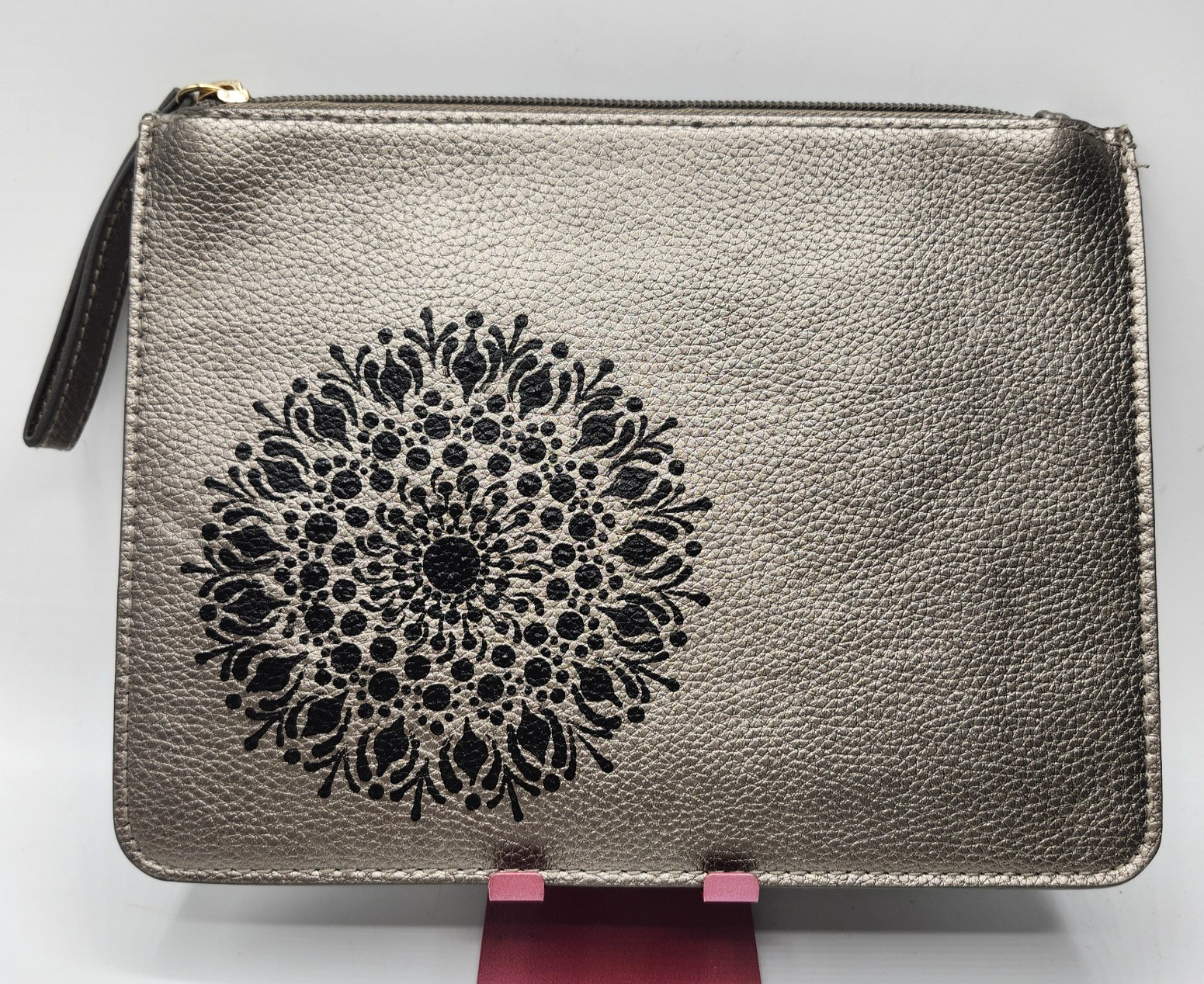Black Boho Mandala Hand Painted Upcycle Art Metallic Gray Wristlet OOAK
