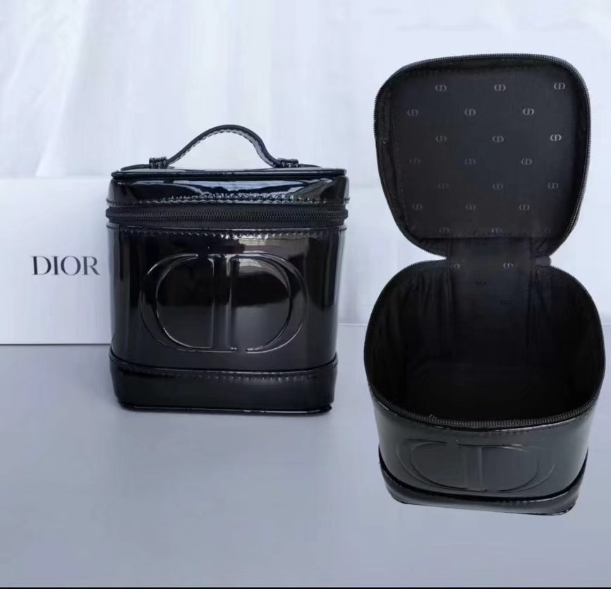 Black Patent Faux Leather Embossed CD Logo Mini Vanity Makeup Bag Beauty GWP