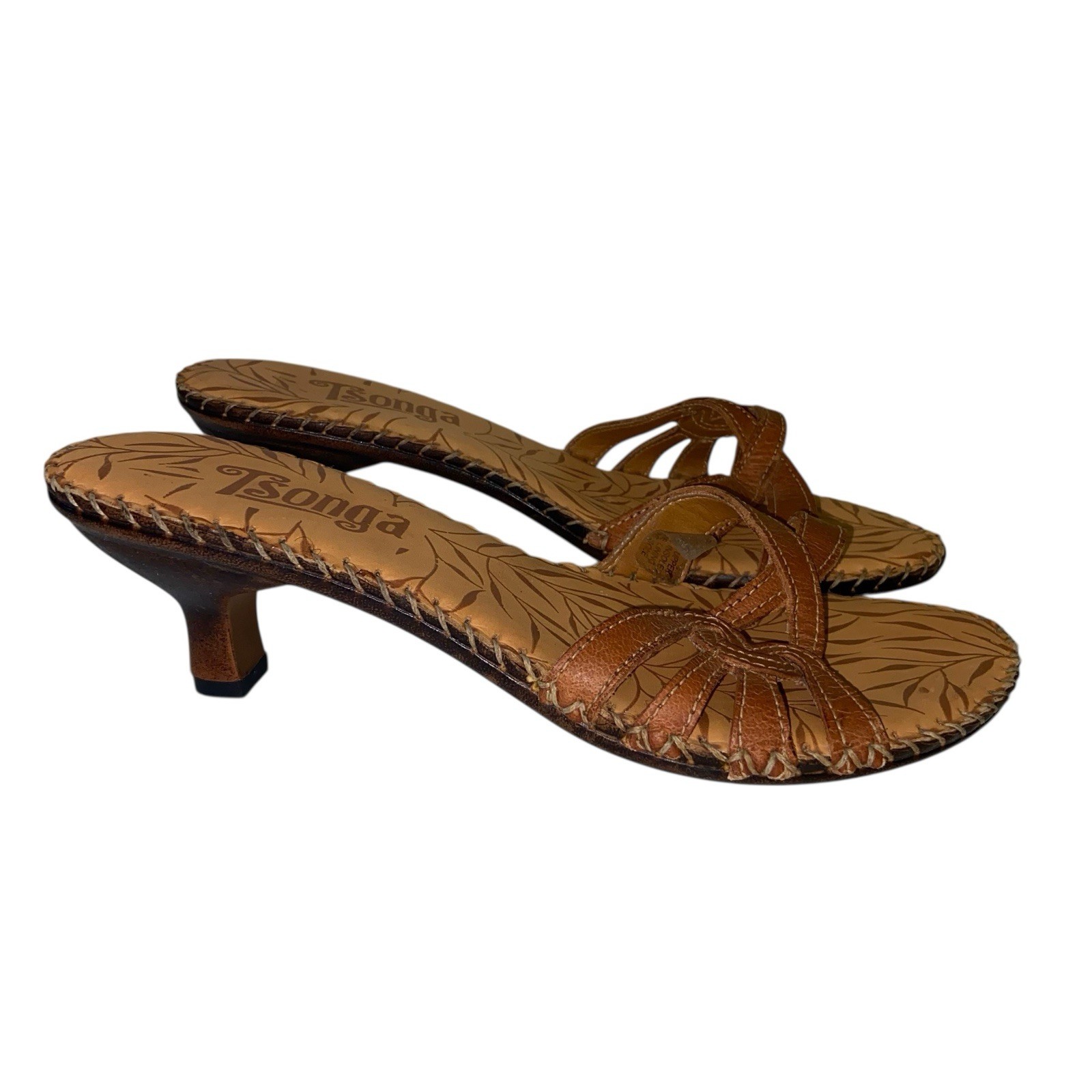 Tsonga Shoes Womens Size 7 Leather Kitten Heels Slip On Sandals Boho Artsy Brown