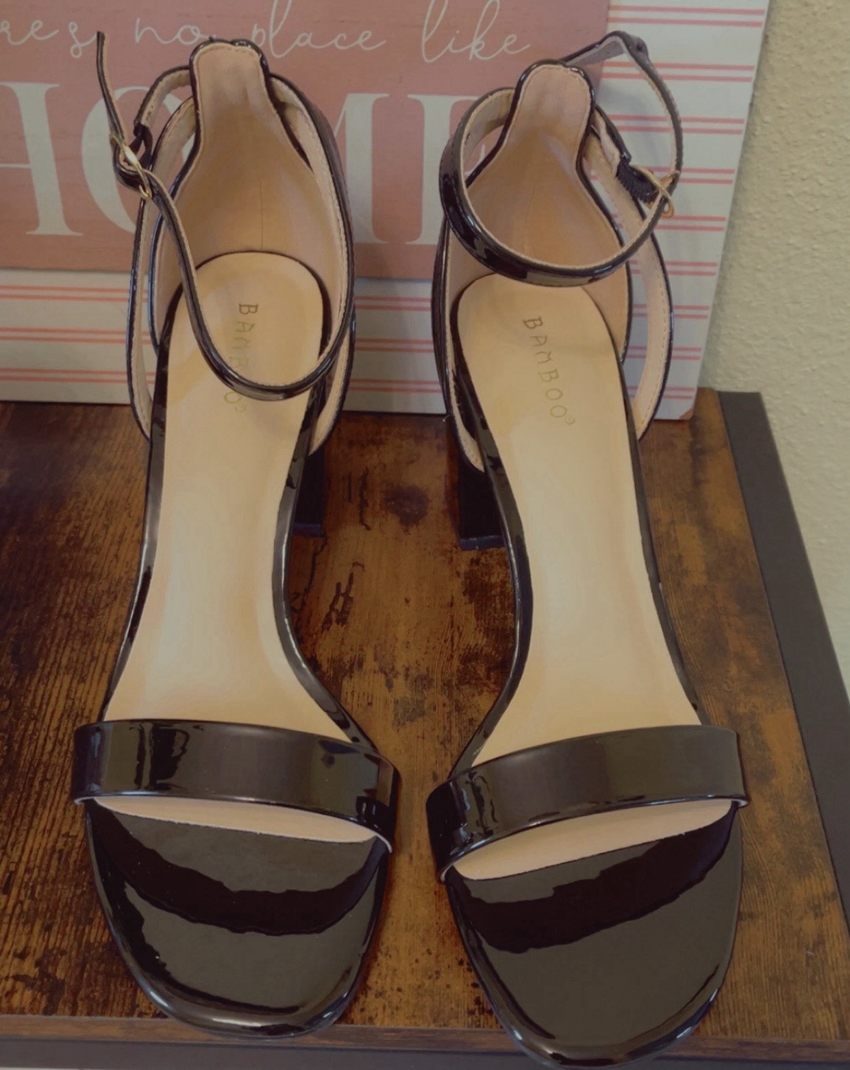 Bamboo Black Patent Leather Strappy Ankle Strap Buckle Sandals Women 11