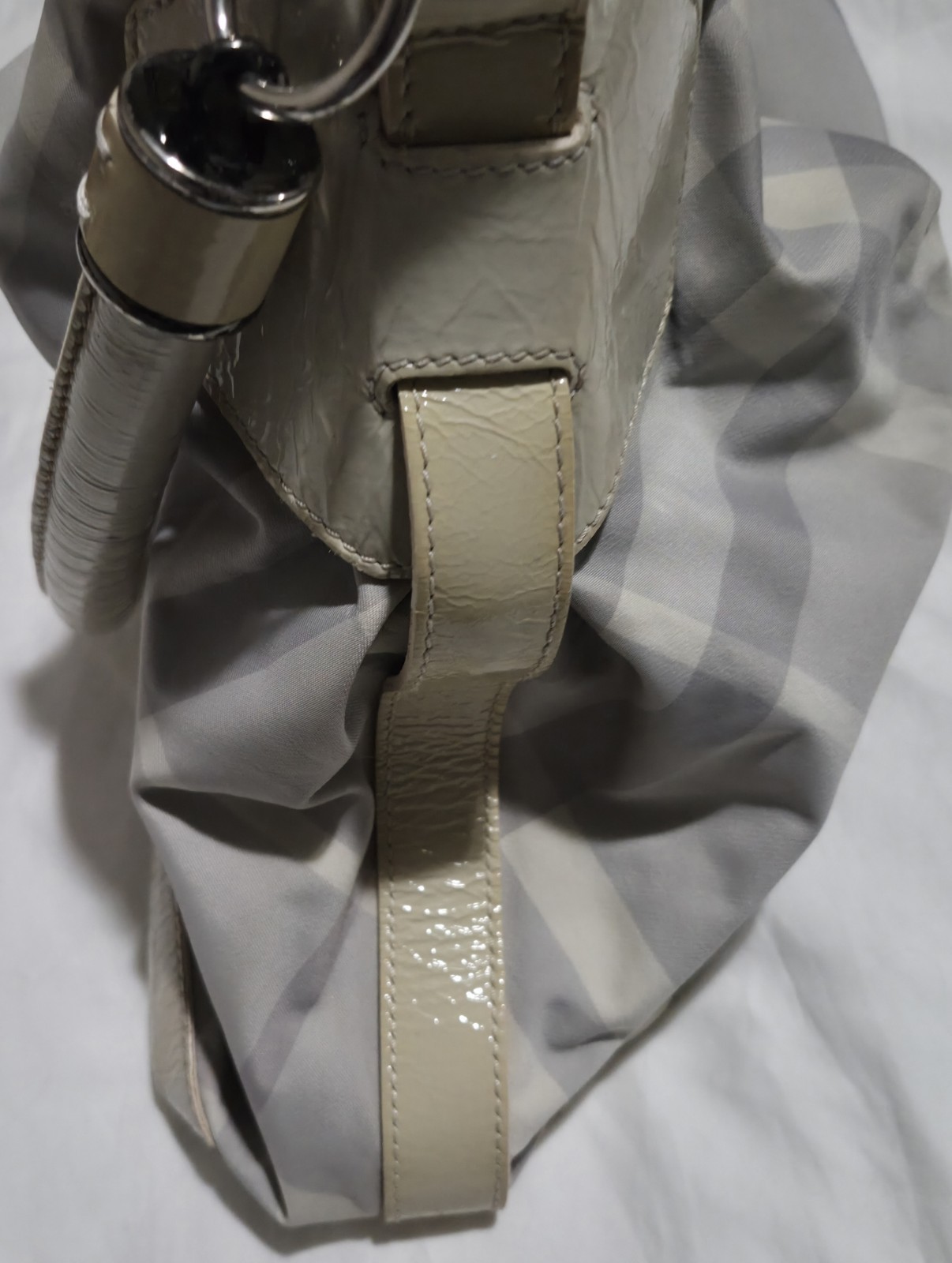 Burberry Checked Gray Nylon & Trimmed Smoke Patent Leather Shoulder Hobo Bag