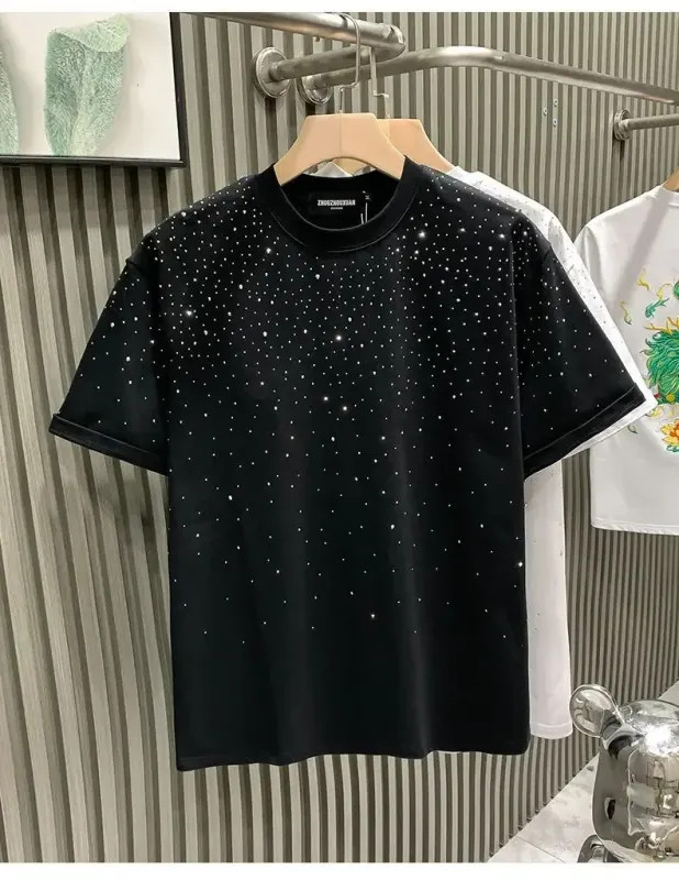Summer Rhinestone Rivet T-shirt for Men Clothing Round Neck Casual T-shirt