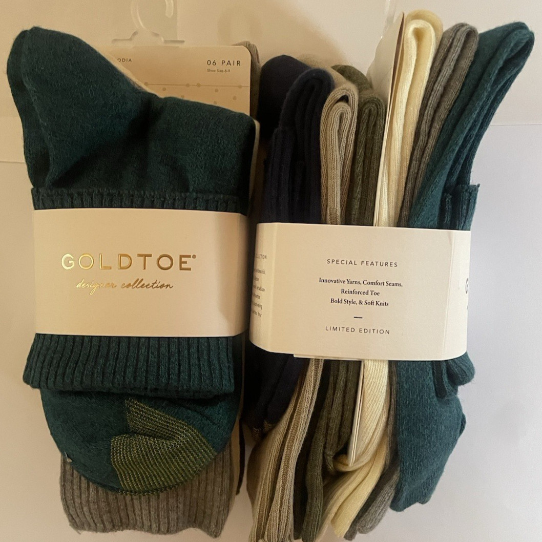 GoldToe 6 PAIR Women DESIGNER Crew Socks Size 6-9 Casual Solid Multicolor NWT