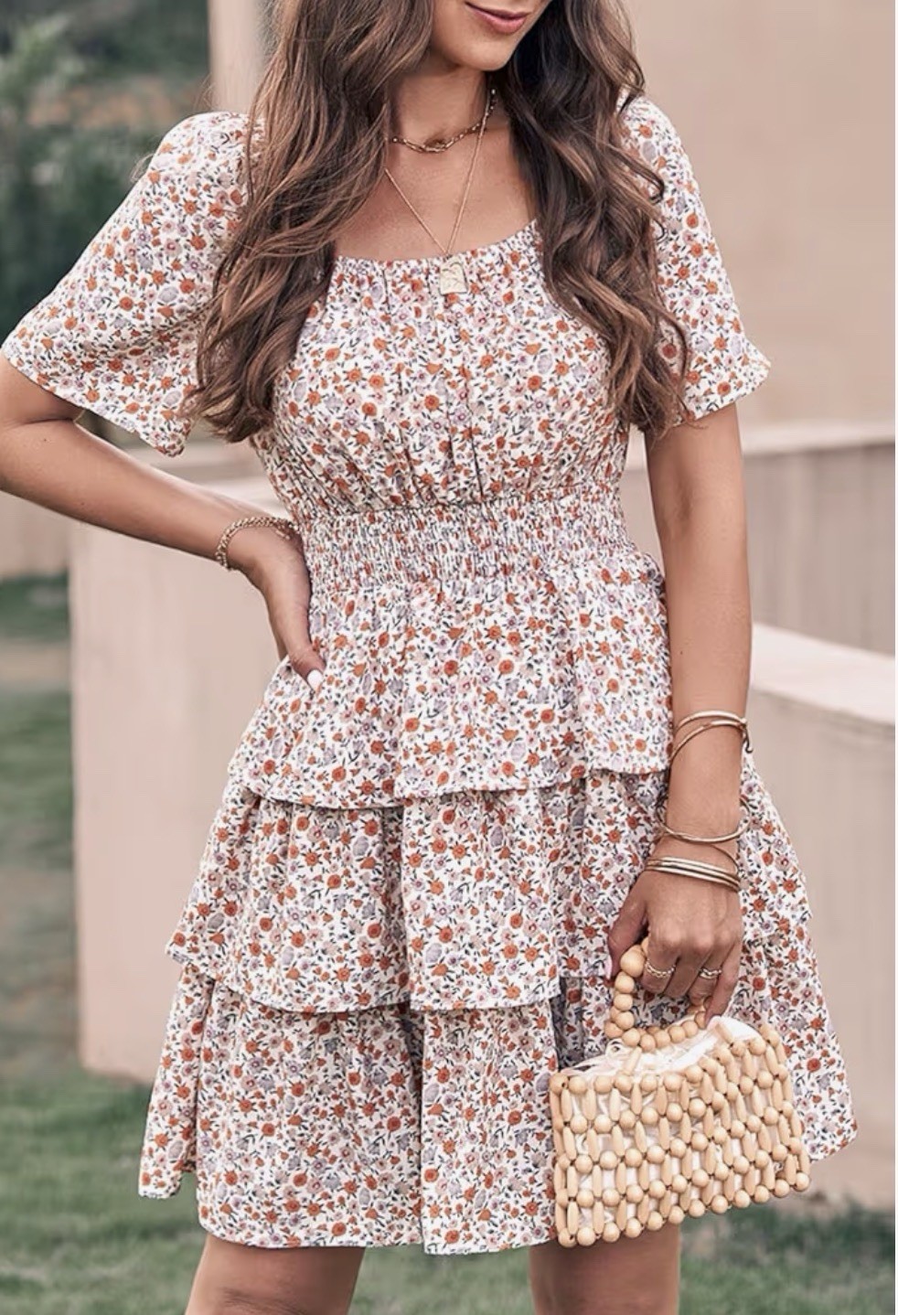 Women’s White Floral Smocked Square Neck Puff Sleeve Tiered Mini Dress XL