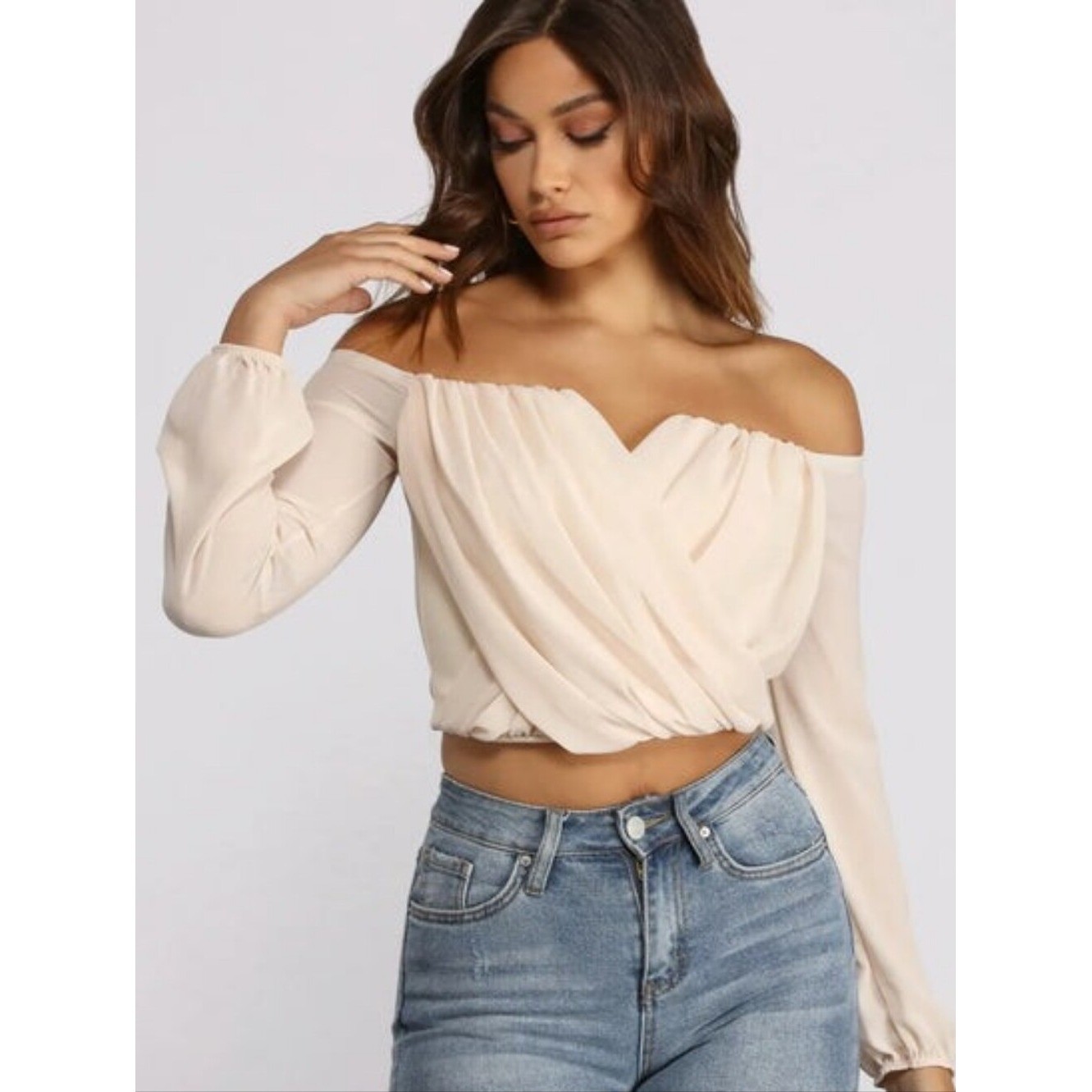 WINDSOR | Off Shoulder Chiffon Going Out V-Neck Crop Top Romantic Peasant | M