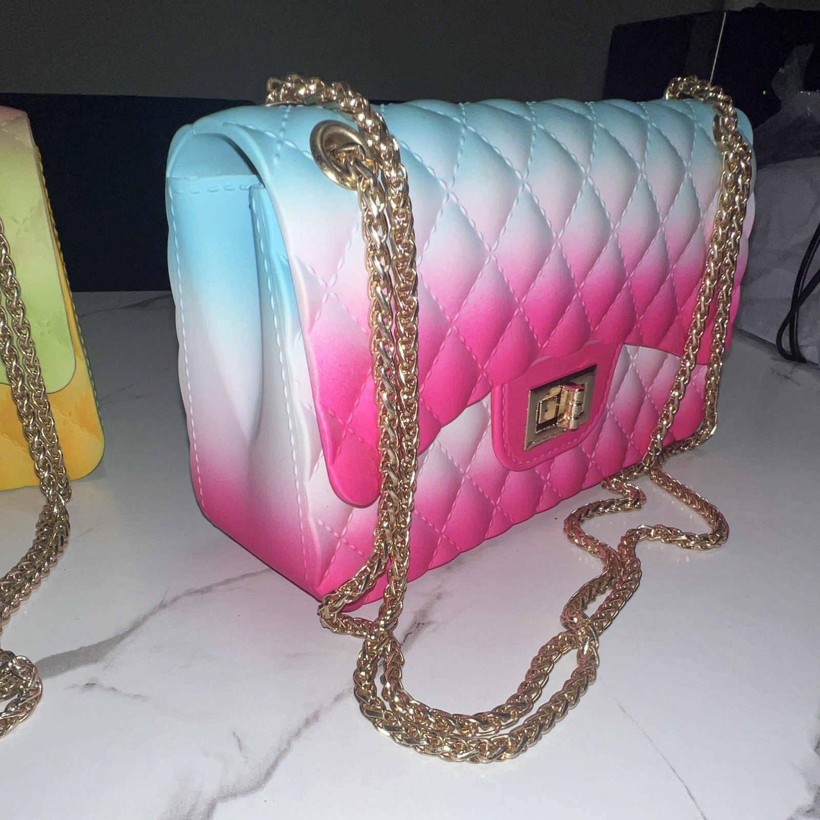 Ombre Quilted Multicolor Crossbody Bag, Gold Chain Strap, Turn Lock
