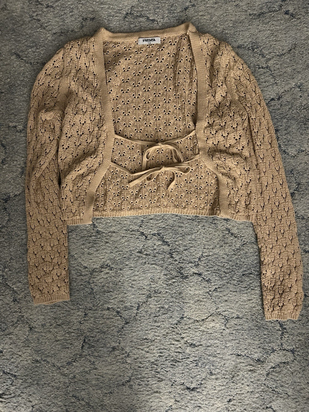 RSQ Women’s Beige Open-Knit Tie Front Cardigan Sweater V-Neck L/S L