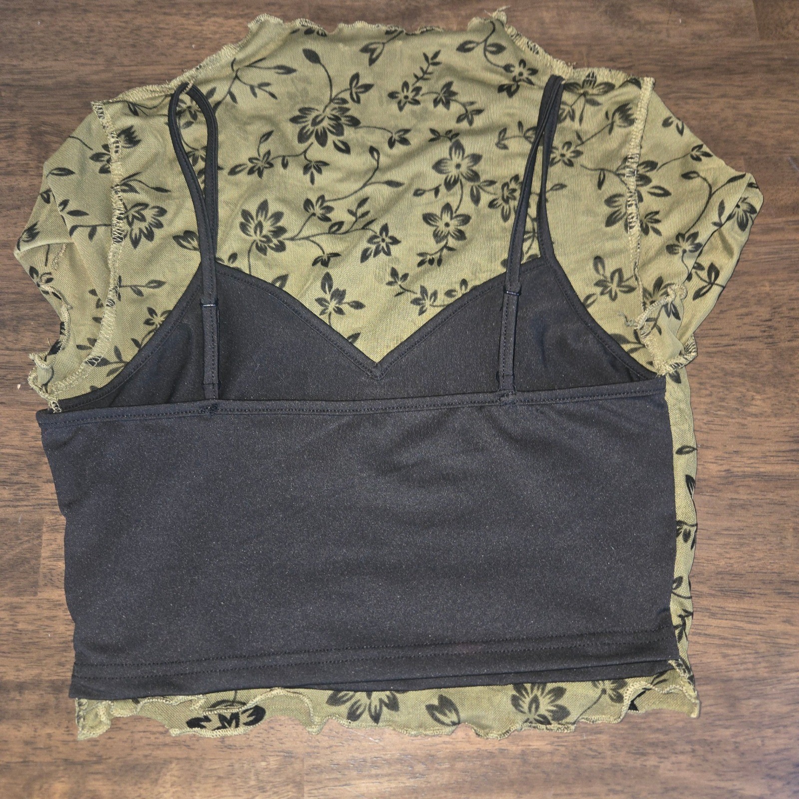 Olive Green Floral Mesh Mock Neck Top with Black Camisole Y2K Fairycore Grunge