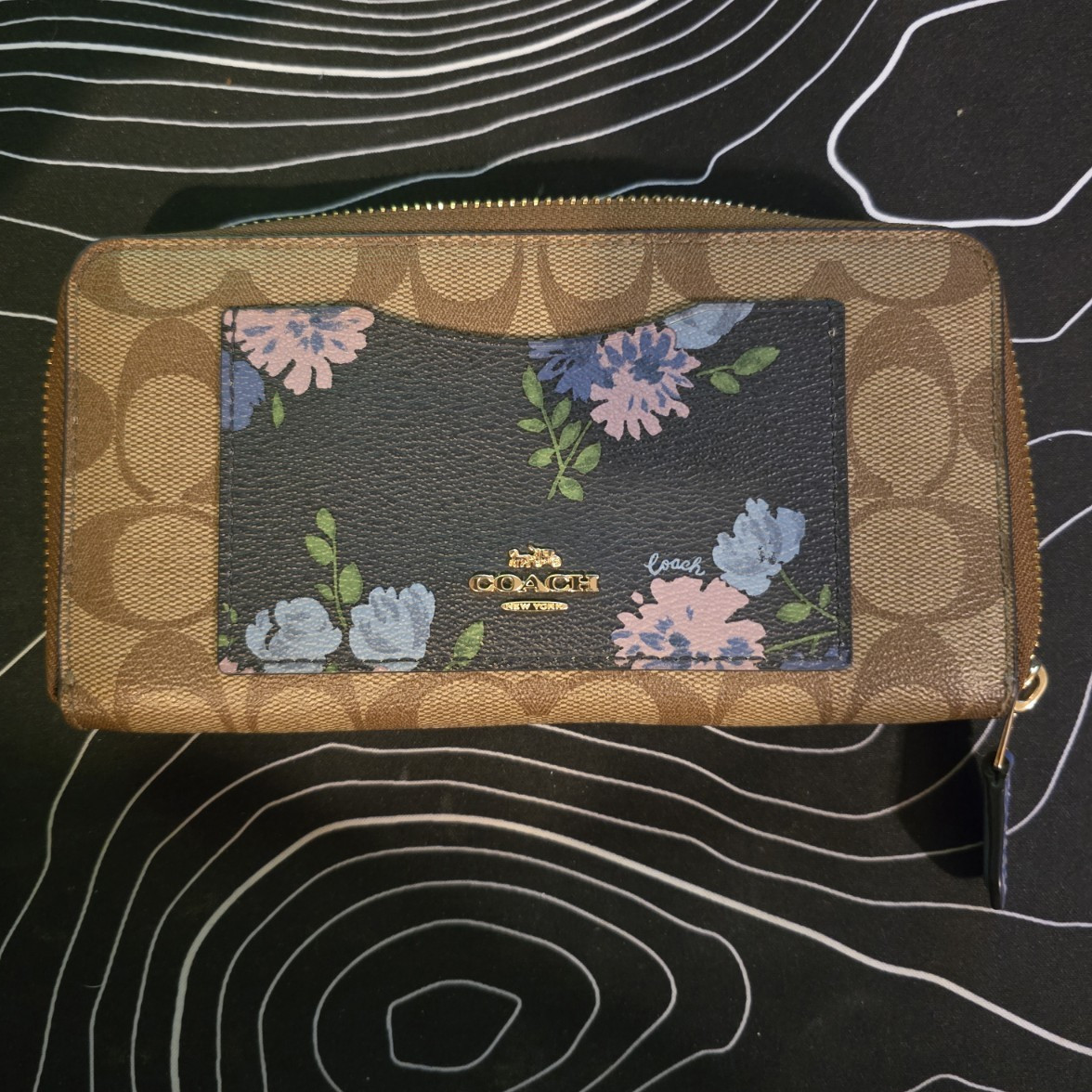 Coach Signature Floral Zip-Around Wallet Brown Blue Pink Green F73011