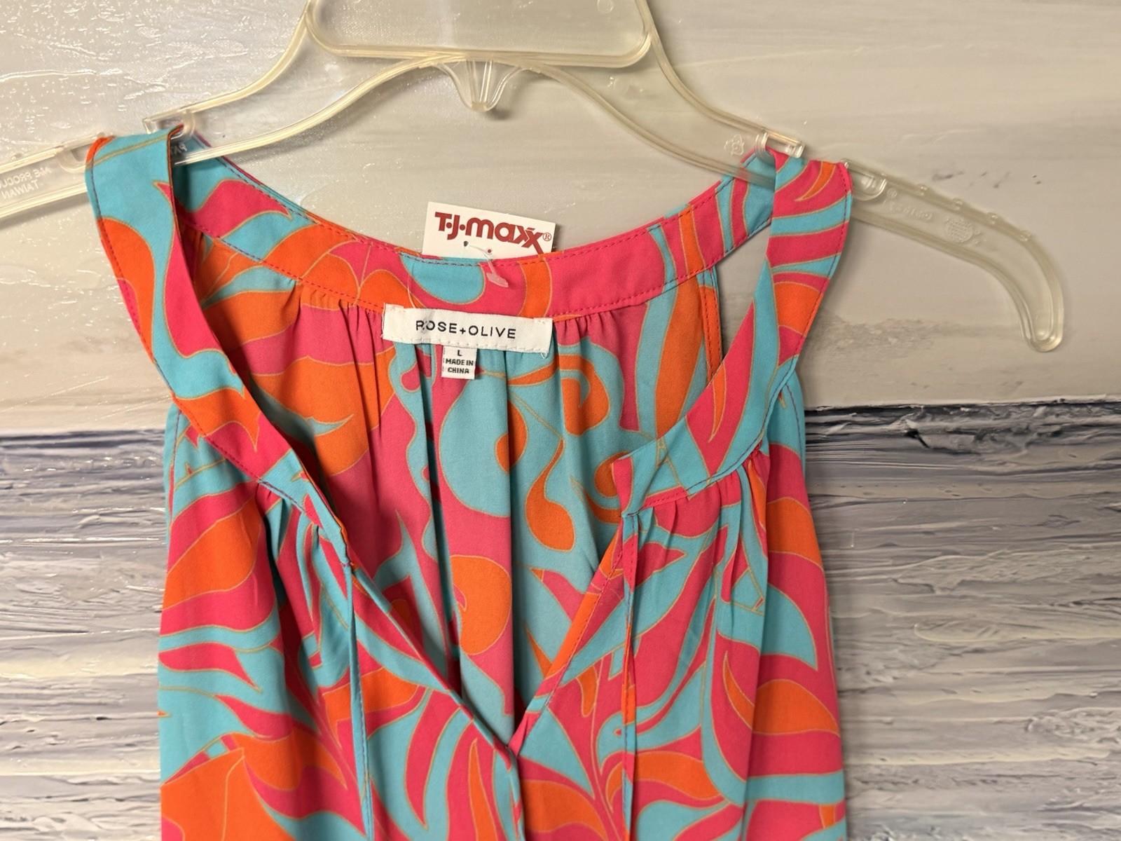 Rose & Olive Womens Size Large Pink Orange & Turquoise Printed Sleeveless Blouse