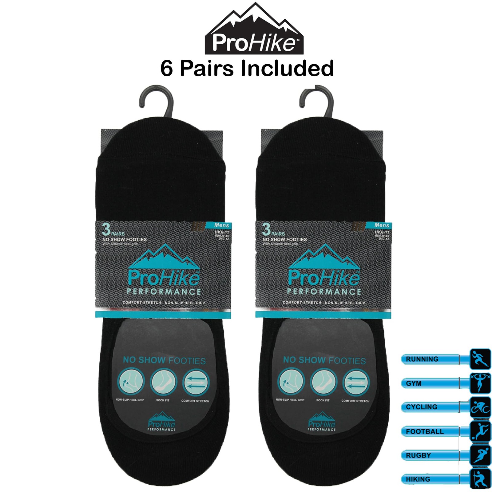 ProHike 6 Pairs Mens Invisible Socks with Non-Slip Heel Grip –UK 6-11 | EU 39-46
