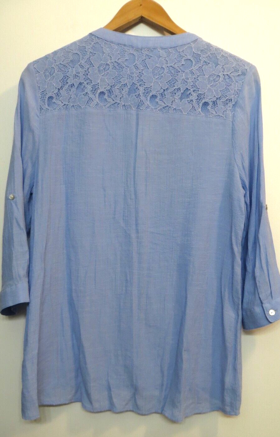 Notations Shirt Womens Large Blue Button Up 3/4 Convertible Sleeves Lace Accent