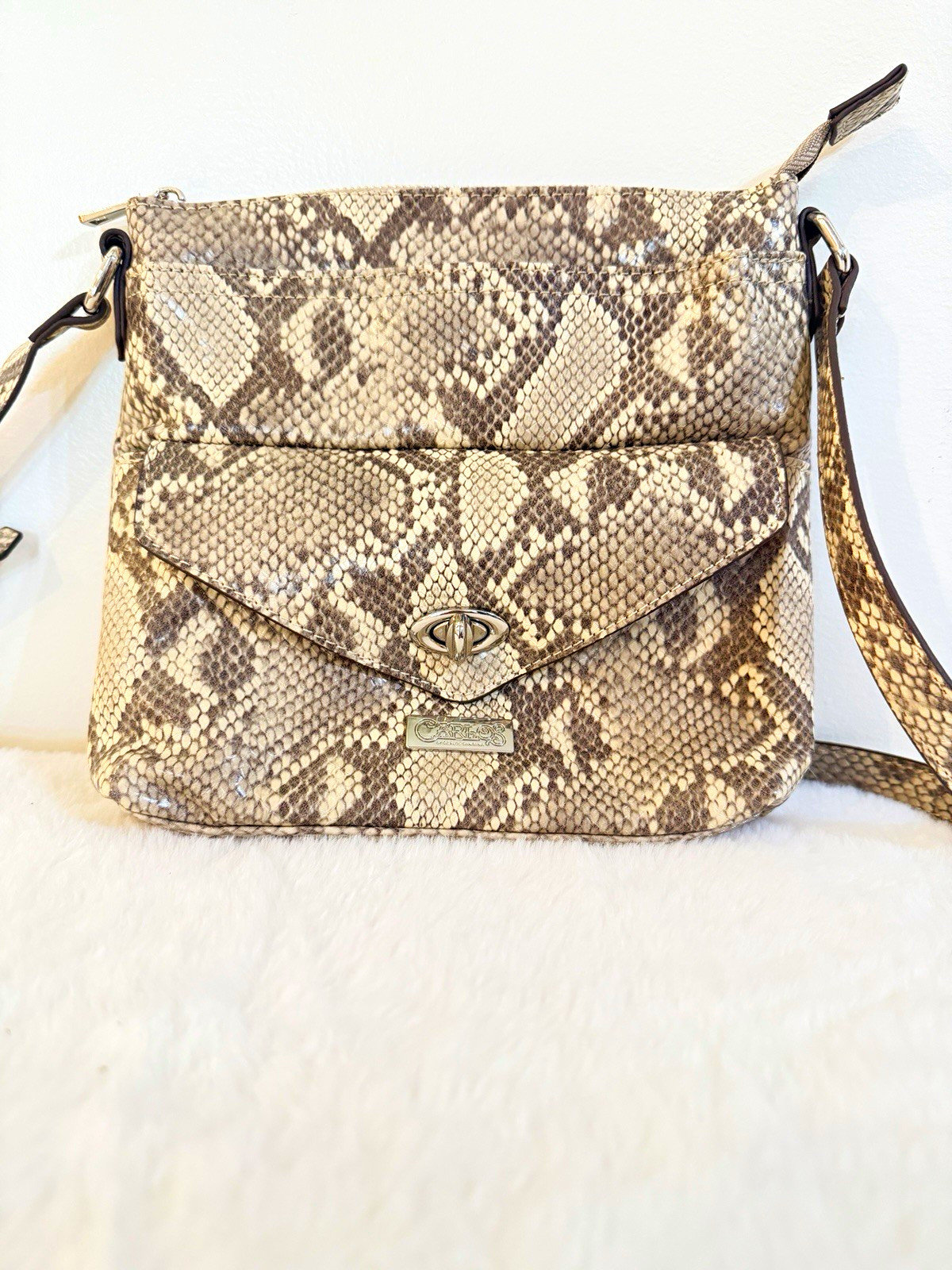 Carlos by Carlos Santana Gray Snake Print Crossbody Bag Zip Turn Lock Pockets