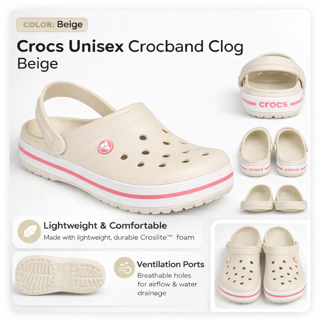 Crocs Unisex Crocband Clog Beige Casual Slip On Comfort Sandals Crocs Crocband