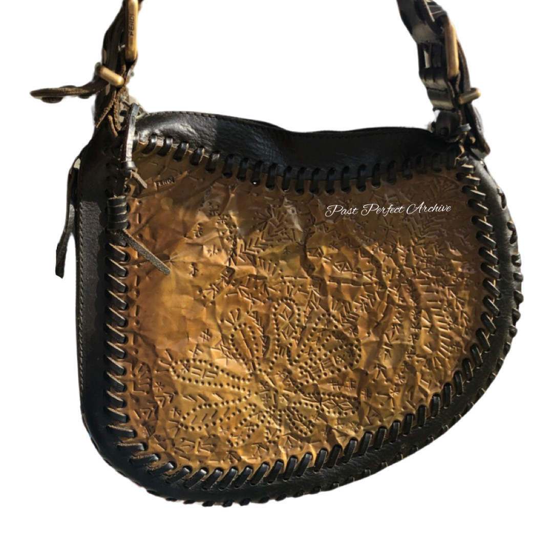 Fendi Vintage Oyster Leather Embossed Metal Runway Hobo Boho Shoulder Bag