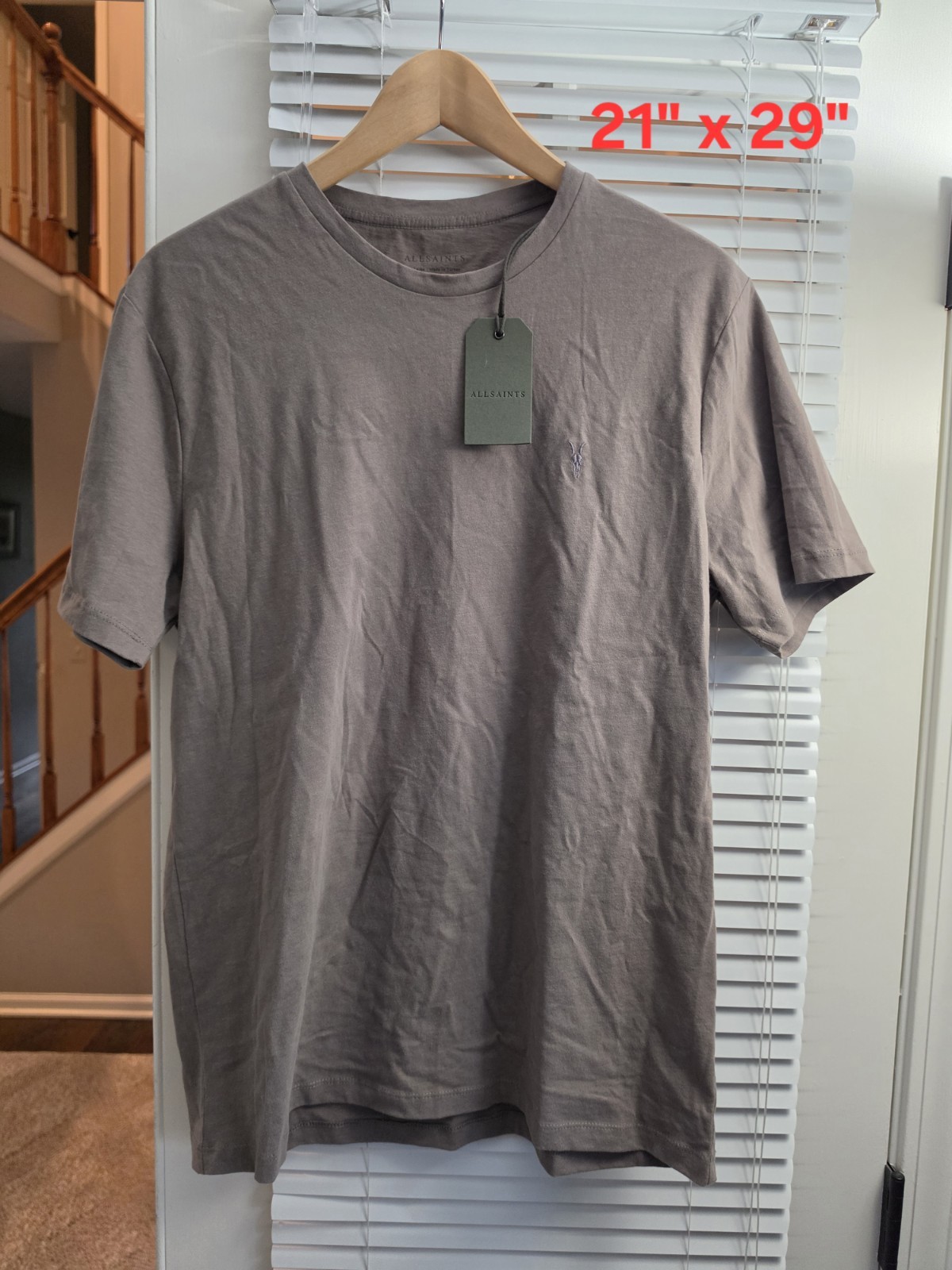 AllSaints Brace SS Crew Putty Brown Tee Mens Sz L Ramskull Logo Regular Fit