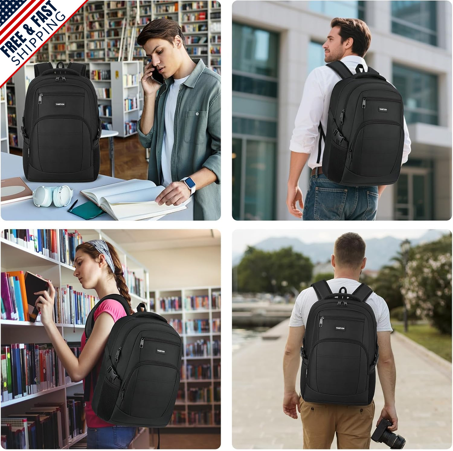 Lightweight Black Laptop Backpack for Men and Women, Fits 15.6″ Laptops