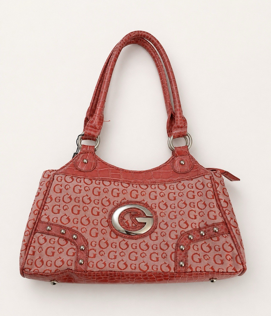 GUESS Red Logo Satchel Top Handle Bag Double Handles Zip Silver Studded