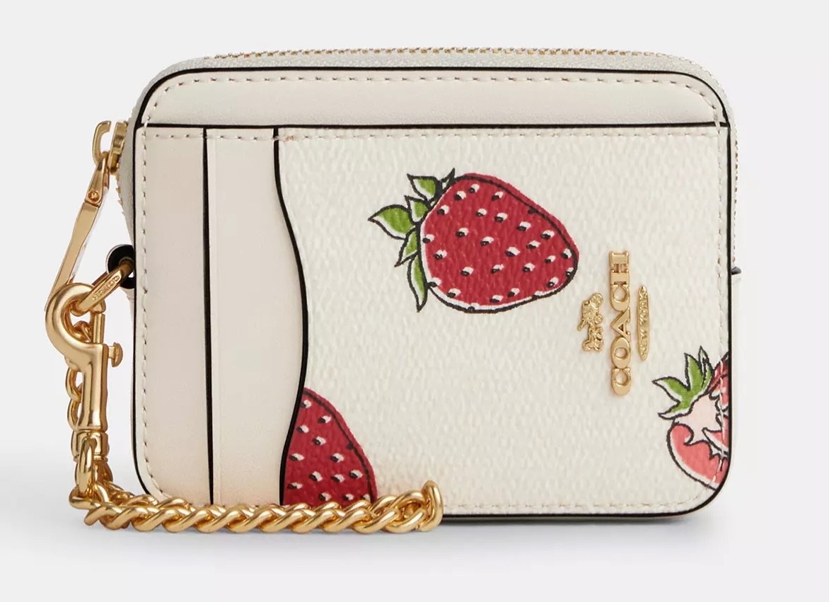 Coach Chalk & Strawberry 🍓 Zip Card Case Credit Card ID Chain Wallet CAR32 NWT