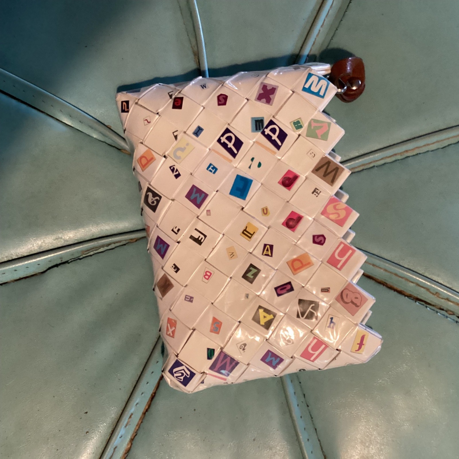 Nahui Ollin Woven Clutch Bag Upcycled Alphabet Tiles Unique Handmade
