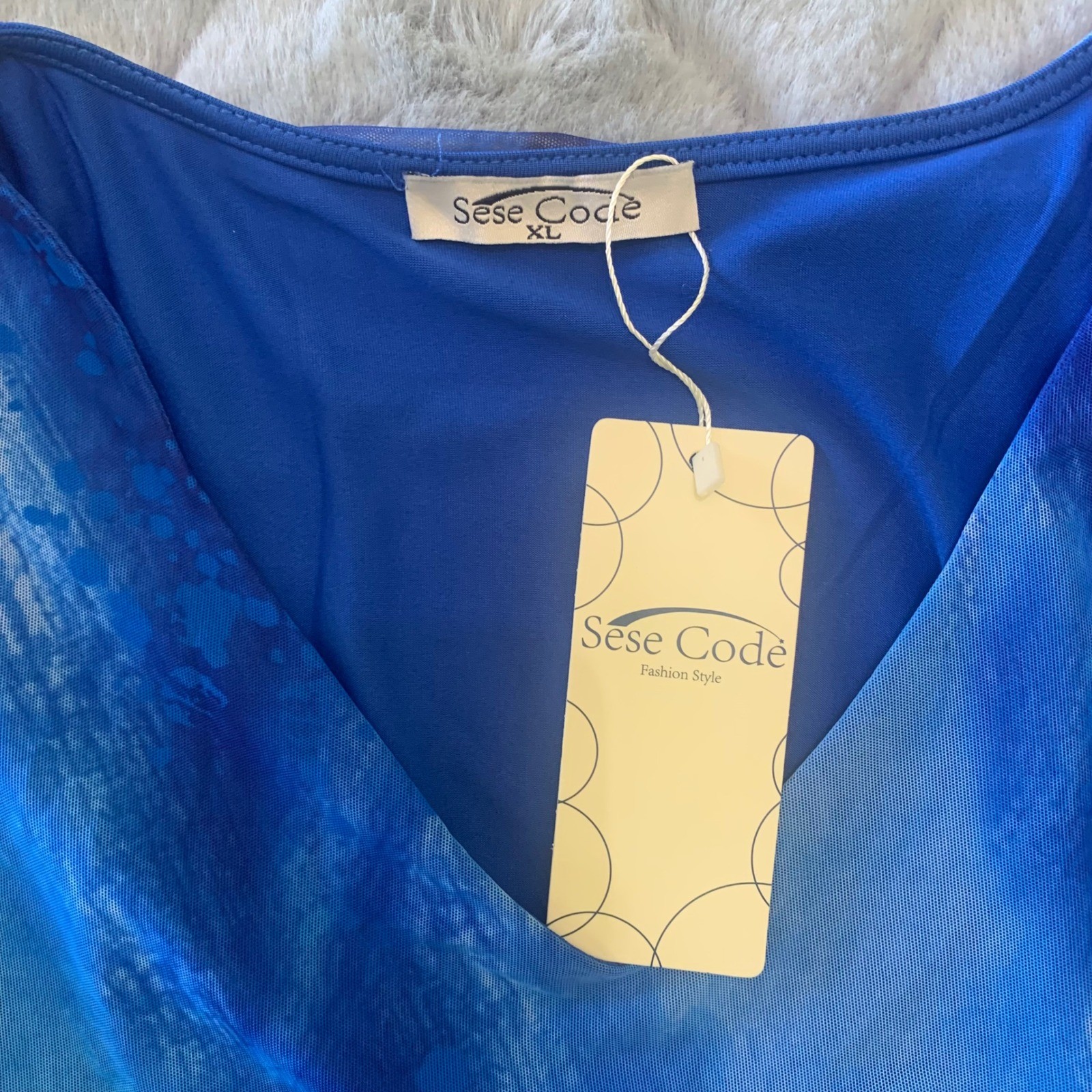 Sese Code W XL Blue Abstract Print Mesh Layered V-Neck Blouse Flutter Sleeve NWT