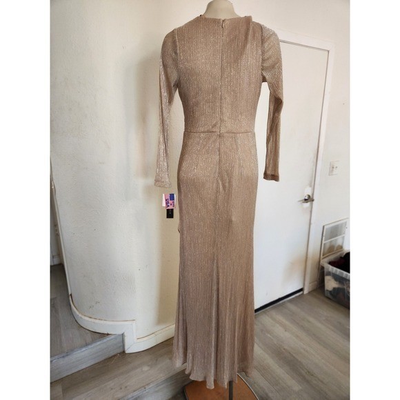 Betsy Adam Metallic Long-sleeve Formal Dress Champagne Gold Pleated Dress