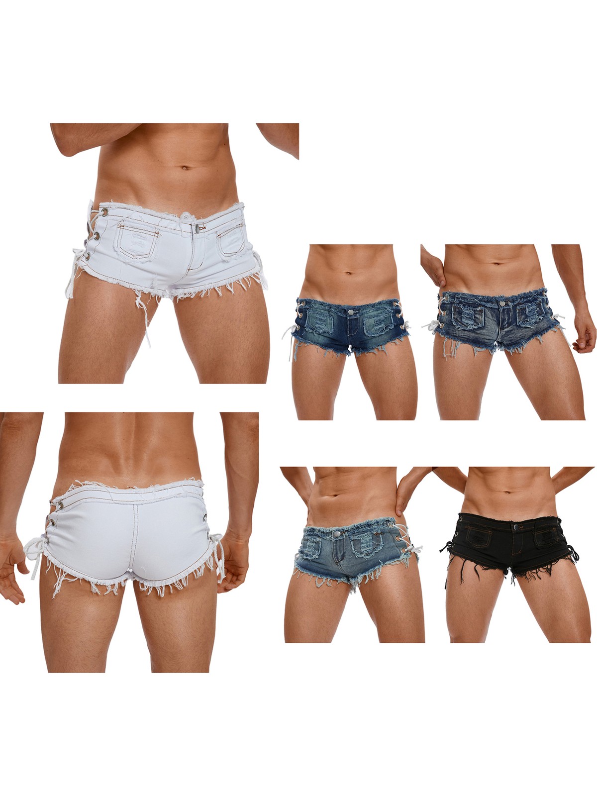 US YiZYiF Men Cut Off Low Rise Denim Ripped Shorts Distressed Side Tie Clubwear