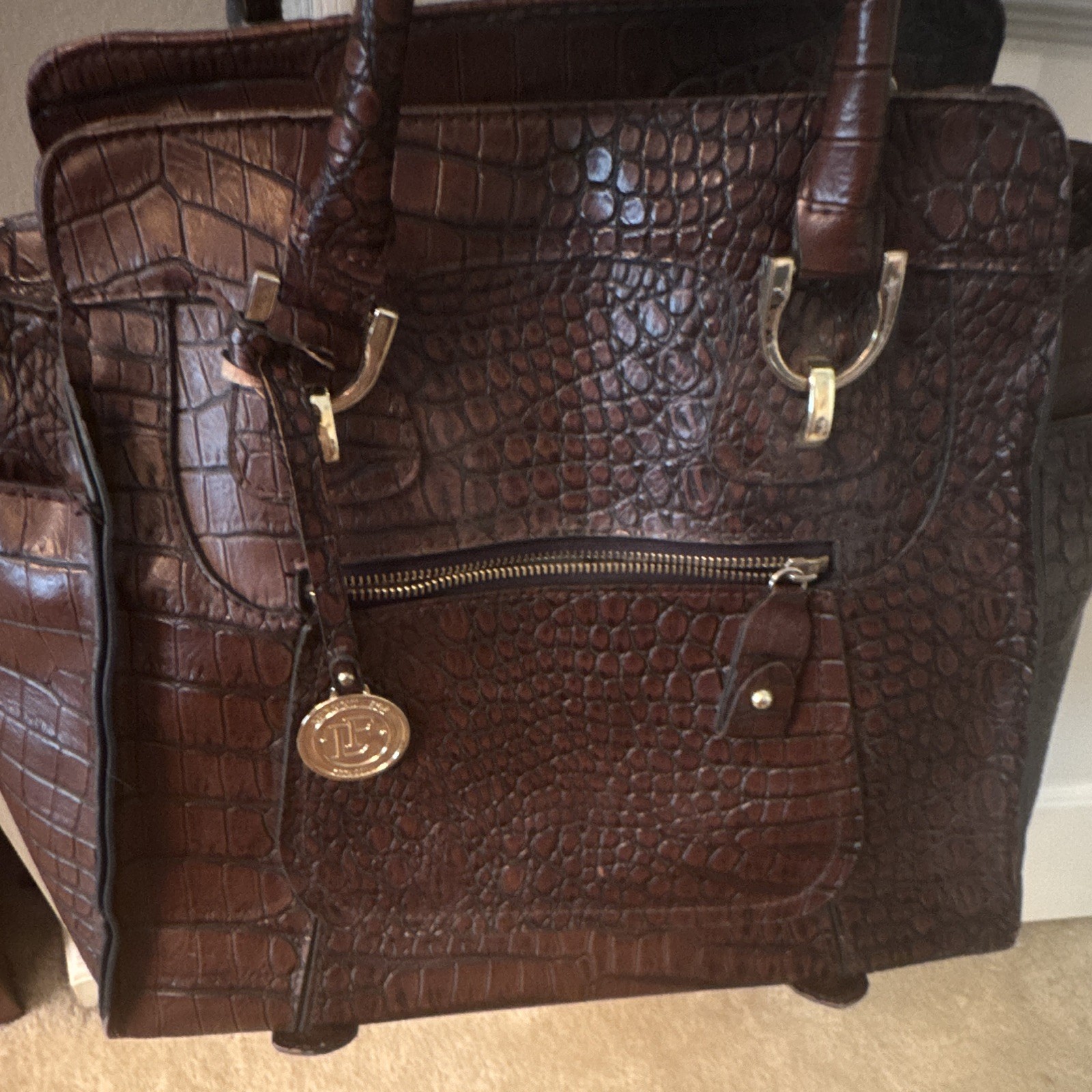 Brown Croc-Embossed Large Satchel Top Handle Bag, Zip Closure, Outer Pockets
