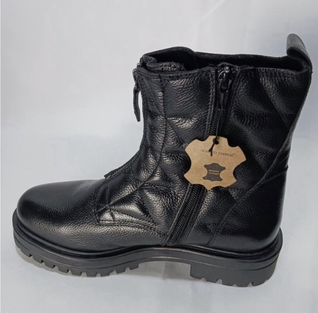 Alberto Torresi Men’s Black Leather Moto Ankle Boots Lug Sole Zip 7.5
