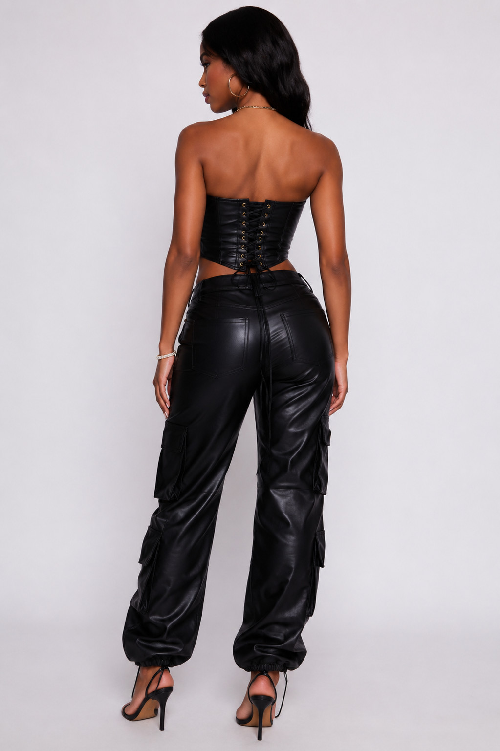 Womens Genuine Black Leather Corset Top – Strapless Bustier Lace Up – Club Party