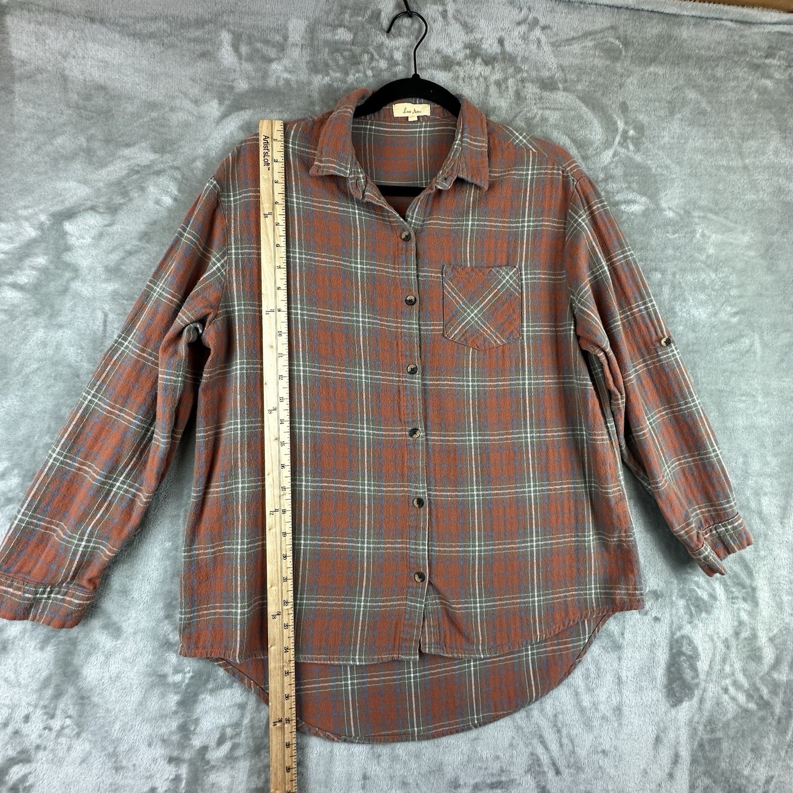 Love Notes Flannel Women’s L Orange Blue Plaid High Low Hem Roll Tab Sleeve