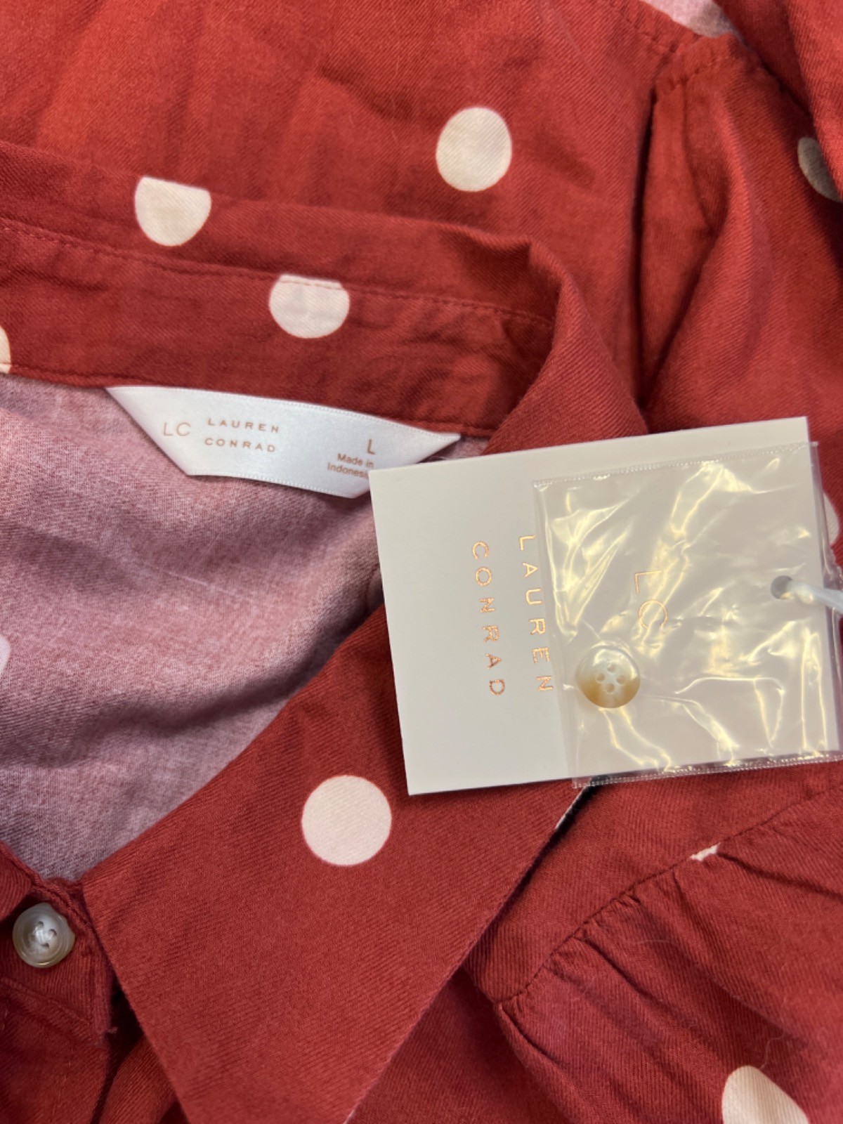 Lauren Conrad Women’s Red/White Polka Dot Long Sleeve Button Up Blouse – L