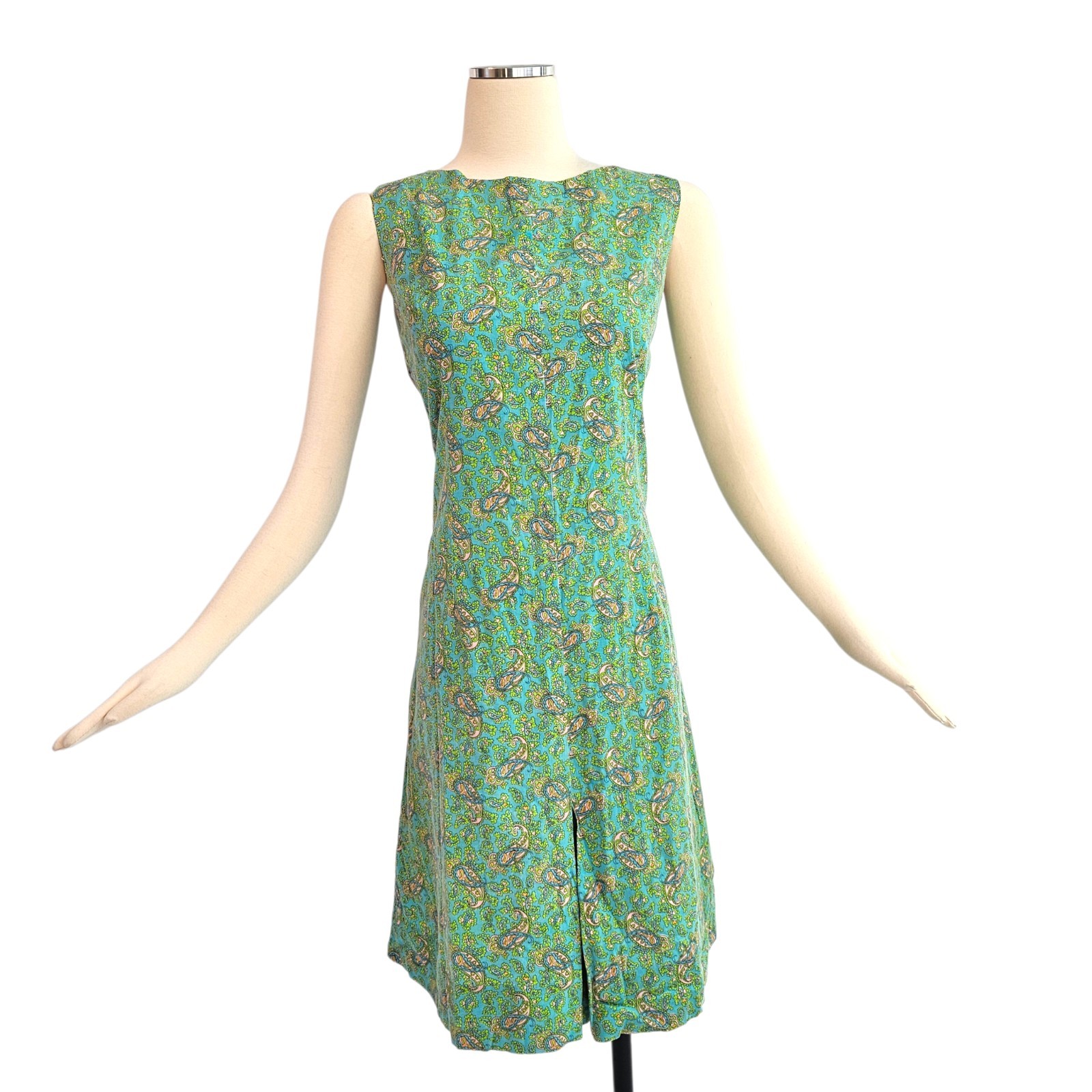 Vintage 1960’s Dress Housedress Shift Blue Green Pink Paisley Sleeveless Retro