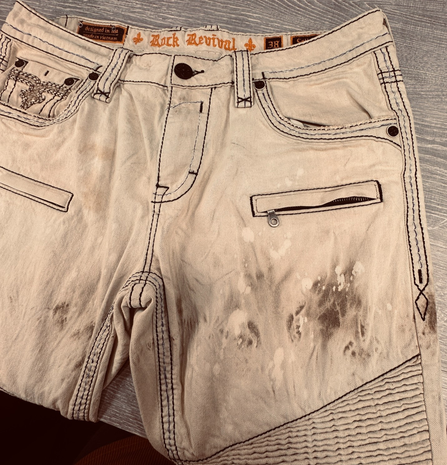Rock Revivial Callan Biker Beige Jeans Acid Distressed Embroidery Size 38 x 33