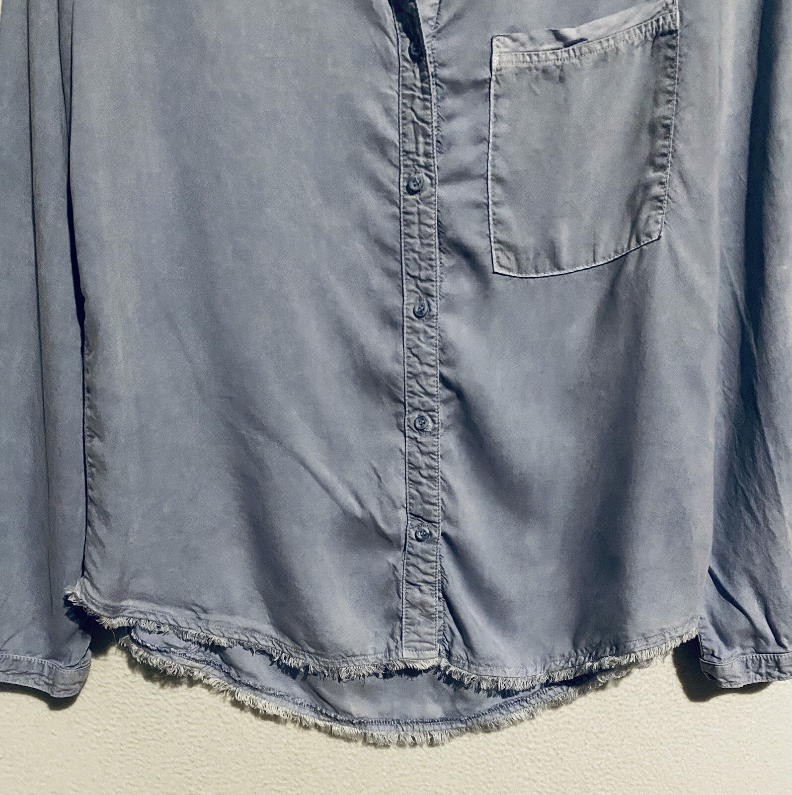 Bella Dahl Top Womens Medium Blue Button Up Fringe Tencel Long Sleeve Boho