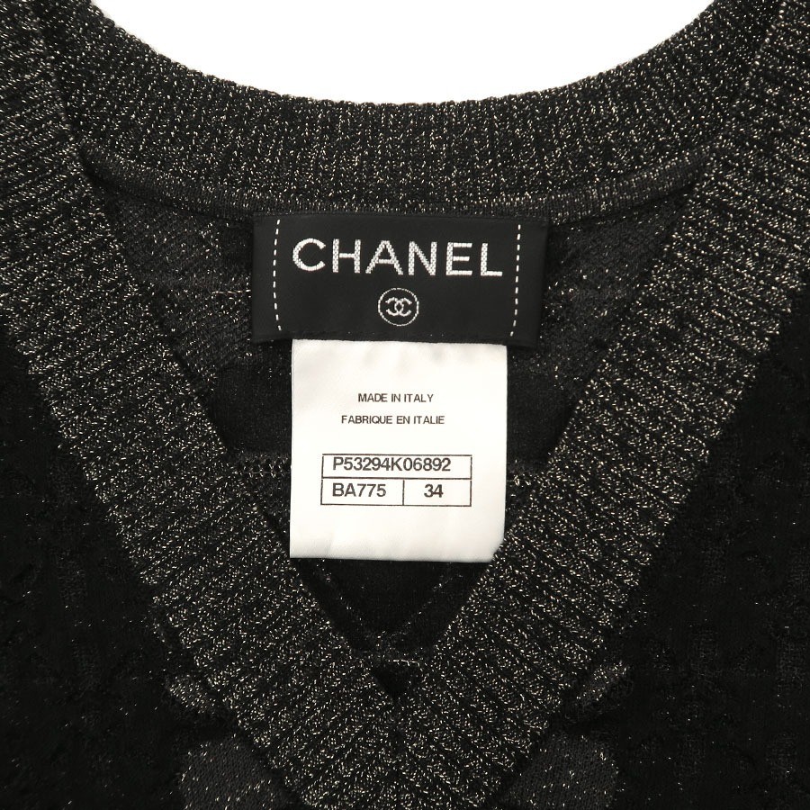 CHANEL Sleeveless V-Neck Knit Dress Gold Lurex P53294K06892 Size 34 Authentic