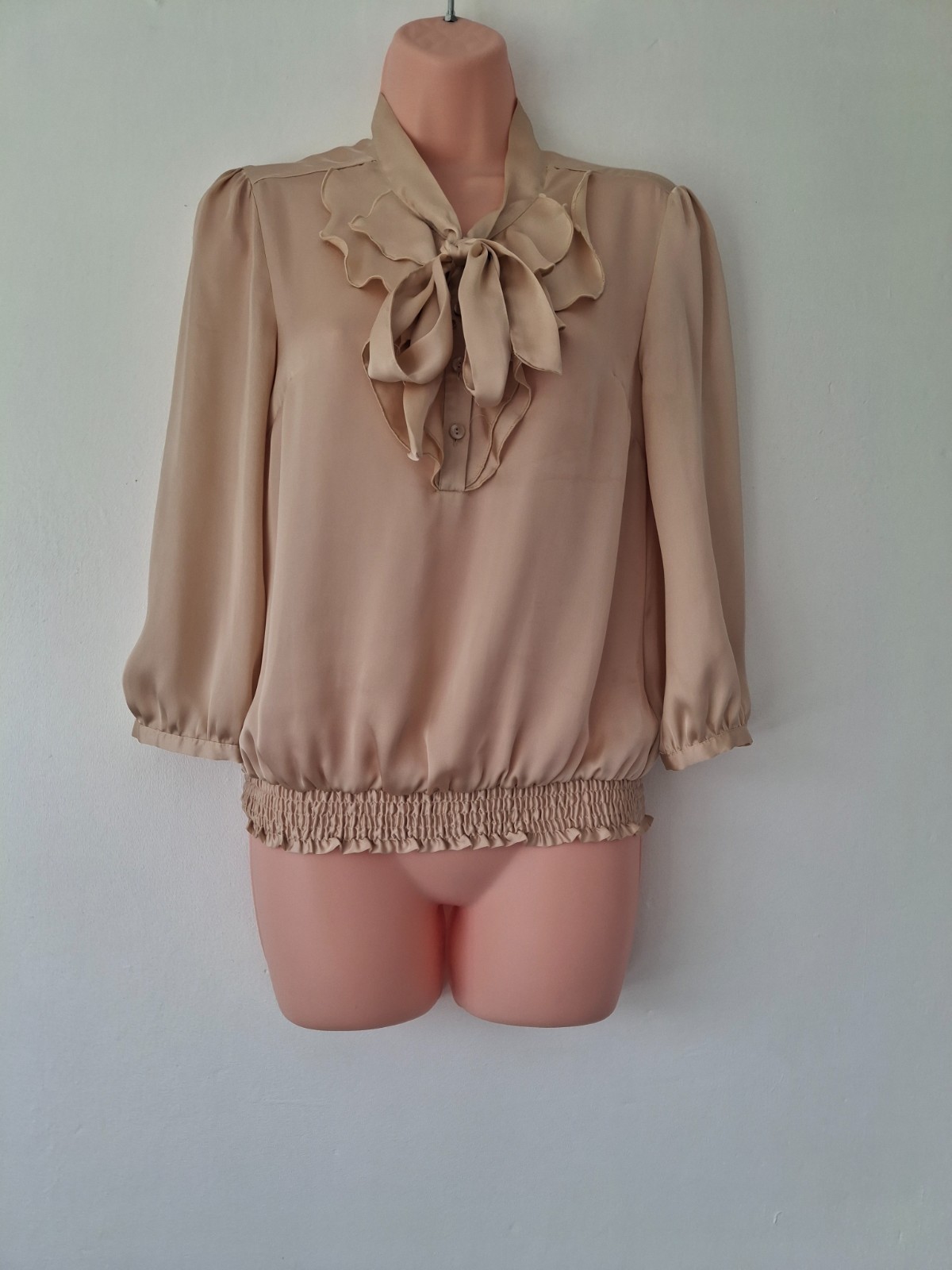 Debenhams Womens Gold Beige Blouse Size Uk 8 Petite Pussybow Bow Casual Workwear