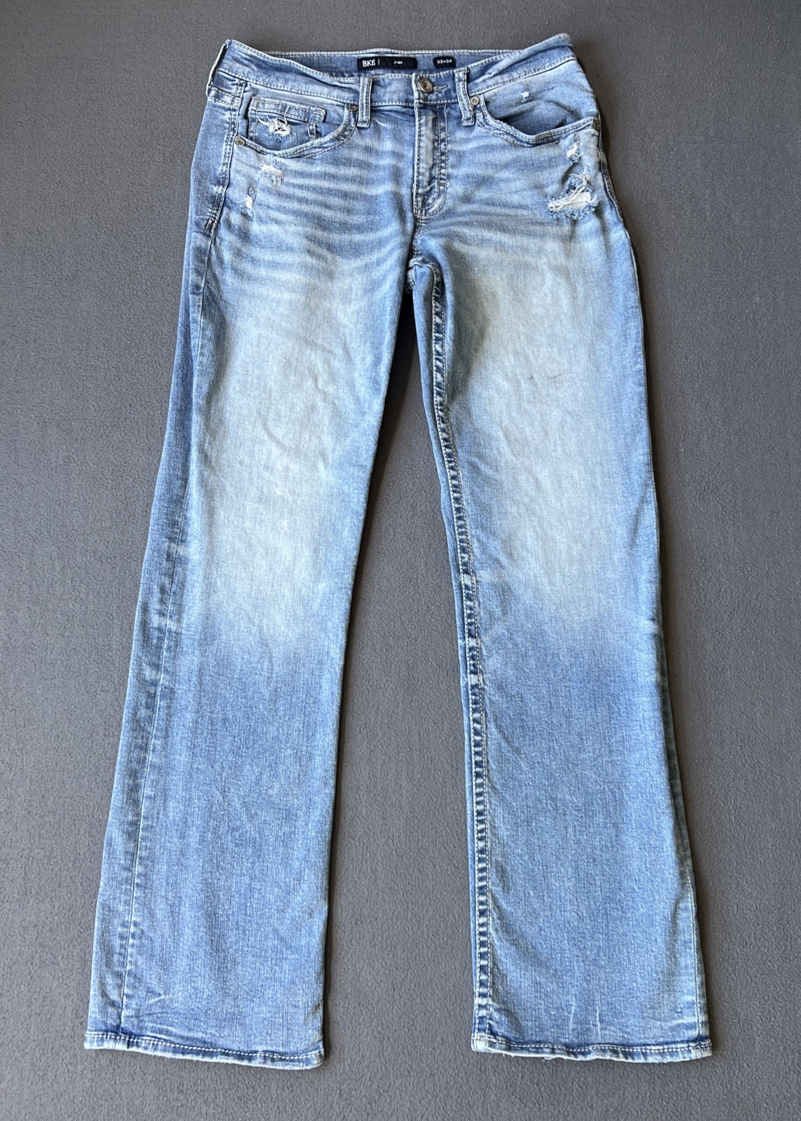 BKE Jake Jeans Mens 32×34 Light Wash Straight Thick Stitch Distressed Denim READ