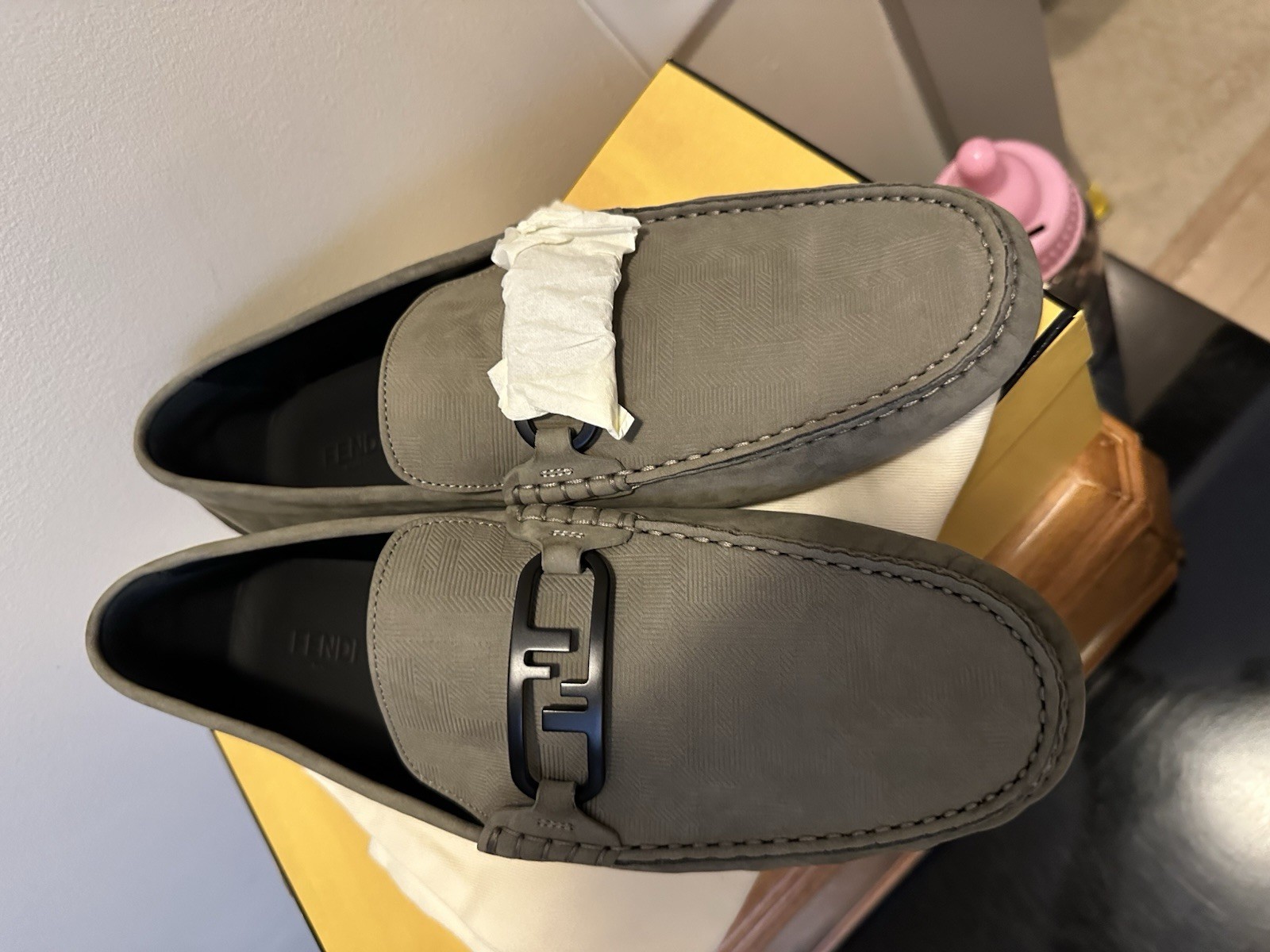 Fendi FF Logo O’Lock Suede Drivers Shoes QUARTZ 12 US/11 UK New $770