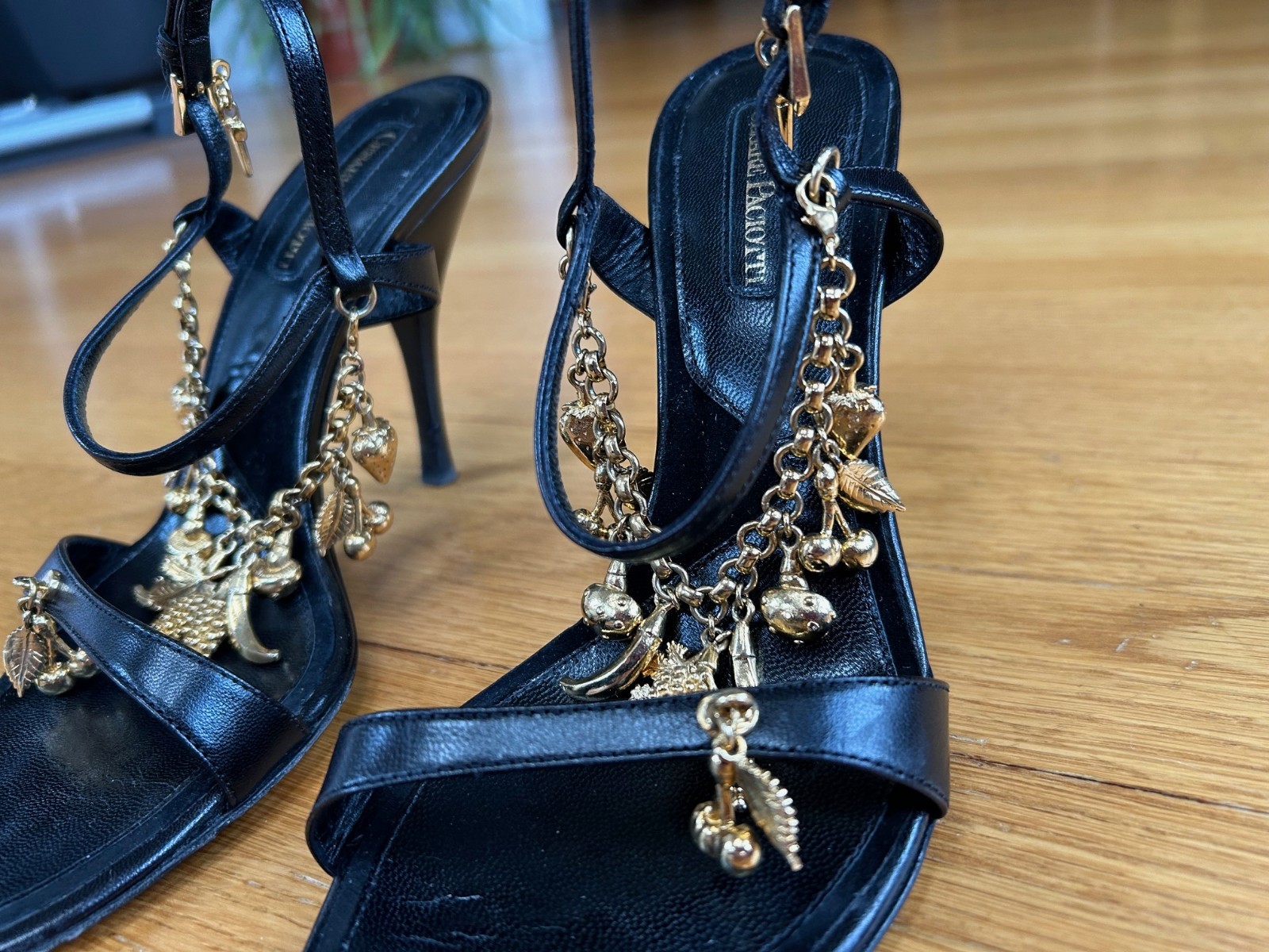 CESARE PACIOTTI Black Leather Charm-Embellished Slingback Sandals IT 37 Good Box