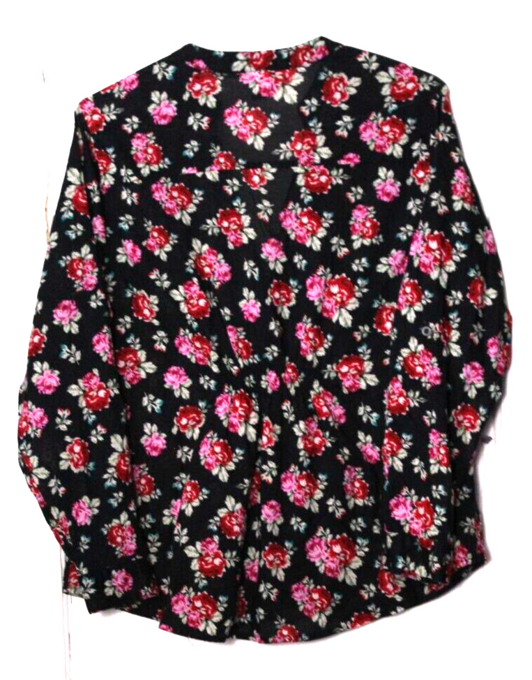 TORRID TUNIC BLOUSE ladies size 2X black red green rose print long sleeve pleats