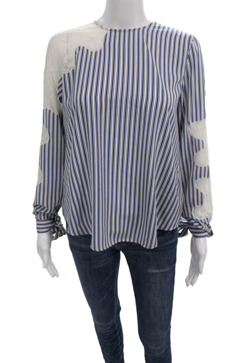 Robert Rodriguez Women Blue Striped Round Neck Long Sleeve Blouse Size S
