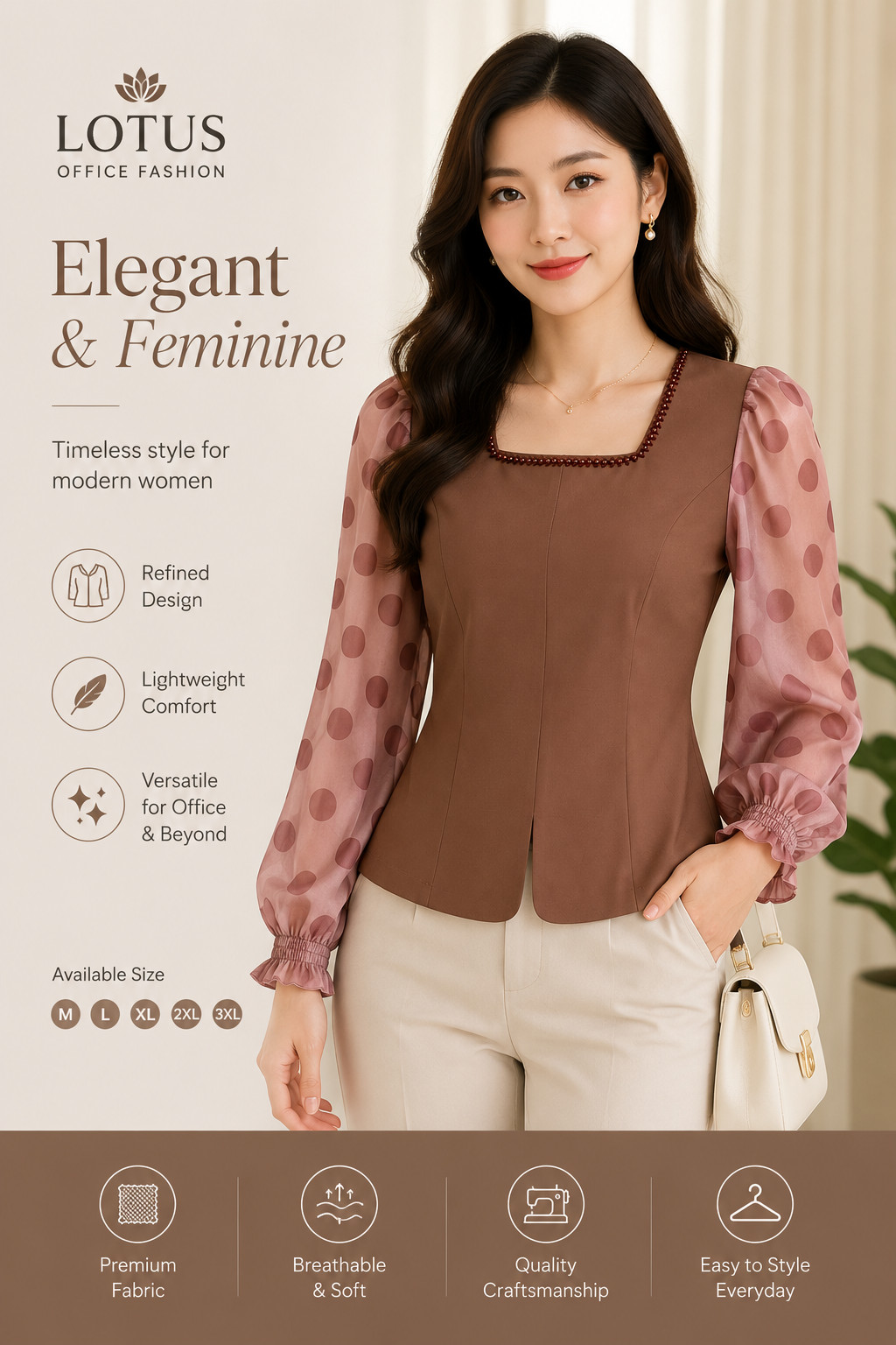 Brown Beaded Neck Blouse with Sheer Polka Dot Sleeves – Petite Size 3XL