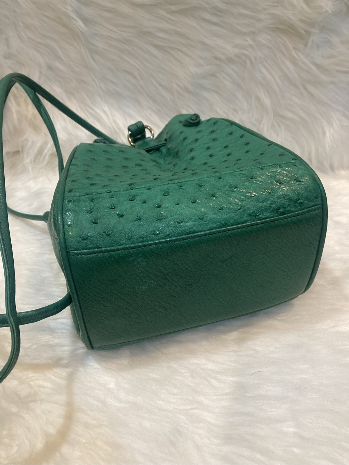 Ostrich Leather Shoulder Bag Green Crossbody Purse Women’s 17cm Vintage