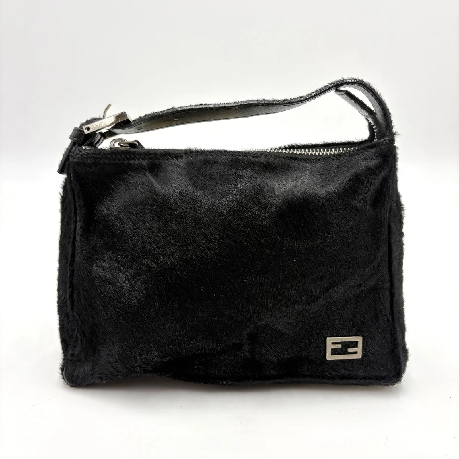 Auth FENDI FF Hardware Pony Hair Accessory Pouch Hand Bag Black 2Y6363