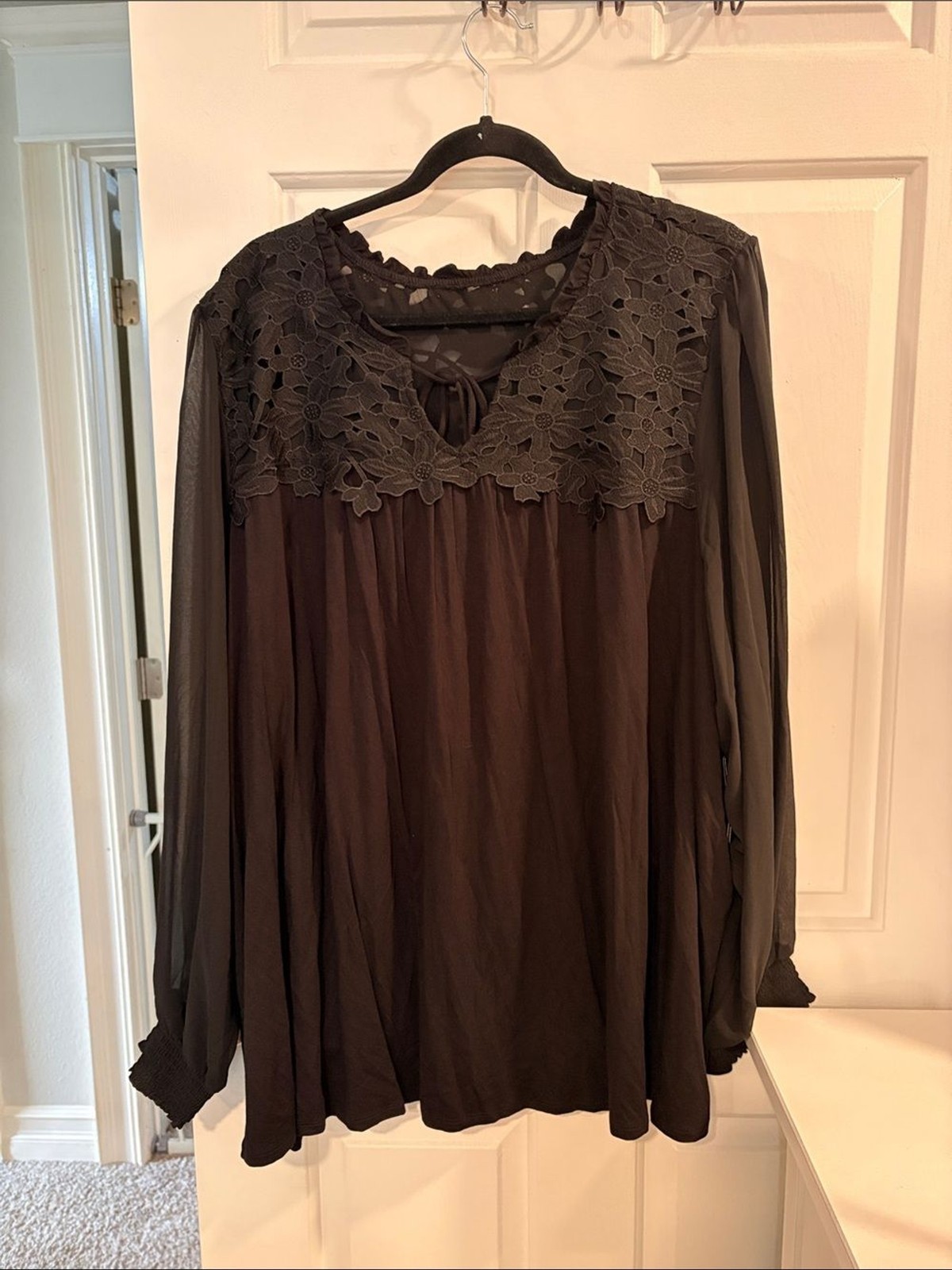 torrid Black Floral Lace Yoke Peasant Blouse with Tie