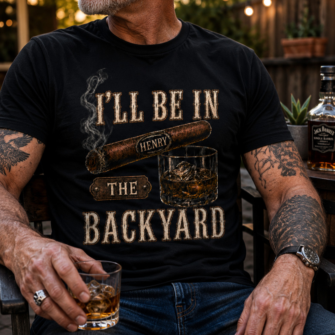 Custom I’ll Be In The Backyard T-Shirt, Cigar and Whiskey Tee, Husband Gift Idea