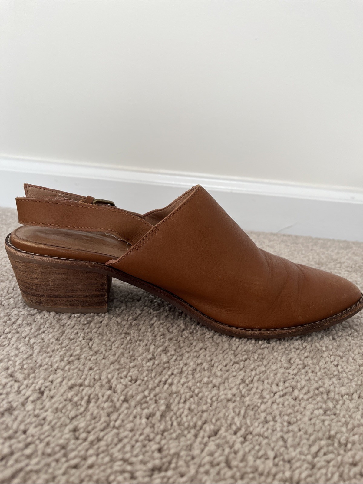 Madewell Size 8.5 Jess Slingback Mule Leather Shoes Brown Pointed Toe Block Heel
