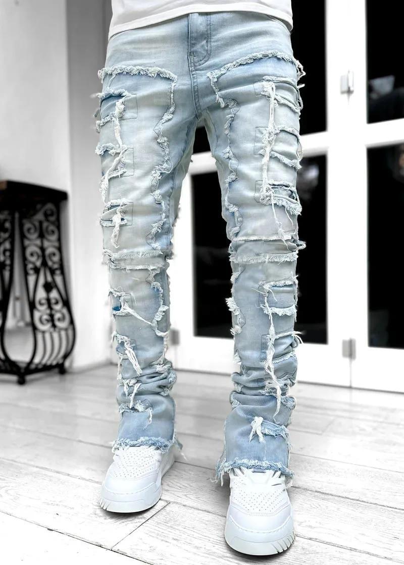 Men Fashion Jeans Street Stretch Patch Skinny Denim Straight Stacked Slim Pants